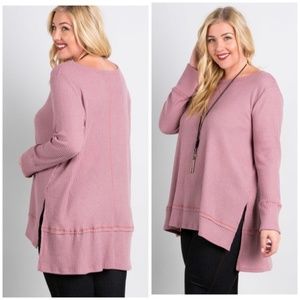 Long sleeve side slit high-low brushed top